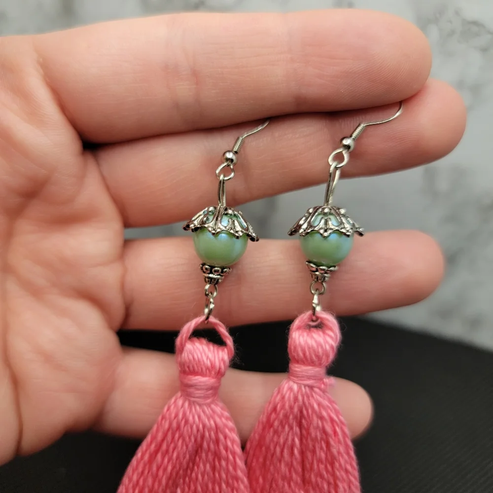 Handmade Tassel Earrings Pink Minty Teal Pearlescent Faux Pearl Bell Boho Hippie